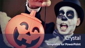  Presentation with top hat - Cool new slides with man with mexican calaveras makeup wearing jacket bow tie and top hat holds a carved pumpkin backdrop and a navy blue colored foreground