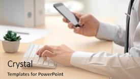  Presentation with keyboard - Slides enhanced with man with mobile phone typing background and a  colored foreground