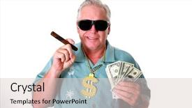  Presentation with rich man - Cool new slide deck with man with money wins has backdrop and a lemonade colored foreground