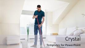  Presentation with people grief and mourning concept - Audience pleasing PPT theme consisting of man with mop and bucket backdrop and a  colored foreground