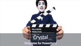  Presentation with clapper - Cool new presentation theme with chaplin - man with movie clapper isolated backdrop and a  colored foreground