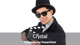  Presentation with clapper - Theme enhanced with chaplin - man with movie clapper isolated background and a  colored foreground