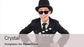  Presentation with clapper - Audience pleasing presentation design consisting of chaplin - man with movie clapper isolated backdrop and a  colored foreground