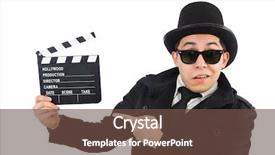  Presentation with clapper - Presentation theme featuring chaplin - man with movie clapper isolated background and a  colored foreground