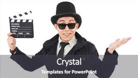  Presentation with clapper - Presentation with chaplin - man with movie clapper isolated background and a  colored foreground