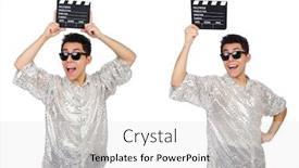  Presentation with movie - Presentation consisting of man with movie clapperboard isolated on white background and a light gray colored foreground