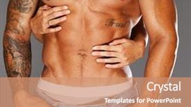  Presentation with woman covering man mouth hand - Colorful slide set enhanced with man with naked muscular torso backdrop and a coral colored foreground