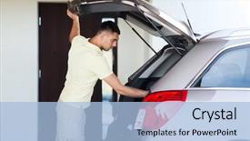  Presentation with car parking - Beautiful PPT theme featuring young man with open car backdrop and a light blue colored foreground