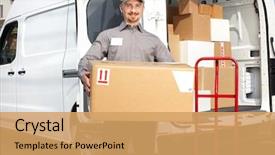  Presentation with express delivery service by motorcycle - Amazing theme having man with parcel near cargo backdrop and a yellow colored foreground