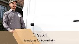  Presentation with ship shipping - PPT layouts having man with parcel near cargo background and a  colored foreground