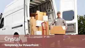  Presentation with express delivery service by motorcycle - Beautiful theme featuring man with parcel near cargo backdrop and a coral colored foreground