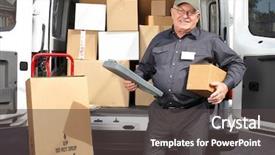  Presentation with techniques of improving health service delivery - Amazing theme having man with parcel near truck backdrop and a dark gray colored foreground