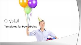  Presentation with balloons - Presentation featuring man with party hat holding balloons and a present isolated on white background background and a white colored foreground