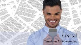  Presentation with phone - Beautiful slide deck featuring man with phone against document backdrop and a  colored foreground