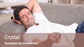  Presentation with control - PPT layouts with man with remote control background and a coral colored foreground