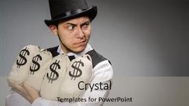  Presentation with money - Beautiful presentation theme featuring man with sacks of money backdrop and a  colored foreground