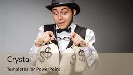  Presentation with money - Colorful PPT layouts enhanced with man with sacks of money backdrop and a  colored foreground