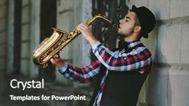  Presentation with brick wall - Amazing PPT theme having man with saxophone outside near backdrop and a dark gray colored foreground