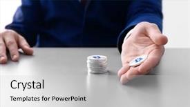  Presentation with bitcoins - PPT theme with man with silver bitcoins sitting background and a light gray colored foreground