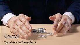  Presentation with bitcoins - Cool new slide deck with man with silver bitcoins sitting backdrop and a coral colored foreground