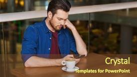  Presentation with restaurant equipment and utilises - Slide deck with man with smartphone and coffee background and a tawny brown colored foreground
