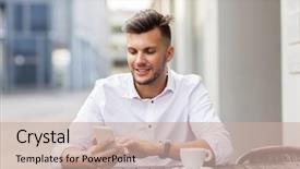  Presentation with young business people - Slide deck enhanced with man with smartphone and coffee background and a  colored foreground