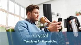  Presentation with technology - Beautiful PPT theme featuring man with smartphone drinking coffee backdrop and a  colored foreground