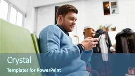  Presentation with iot agriculture technology concept man - Slide deck featuring man with smartphone drinking coffee background and a  colored foreground