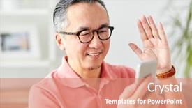  Presentation with communication - PPT layouts with man with smartphone having video background and a coral colored foreground