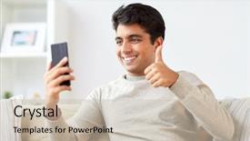  Presentation with communication - PPT theme enhanced with man with smartphone having video background and a soft green colored foreground