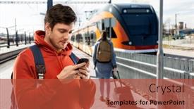  Presentation with train - Amazing PPT layouts having man-with-smartphone-traveling backdrop and a red colored foreground