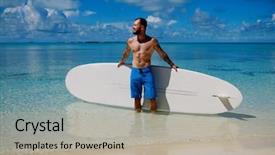  Presentation with bahamas - PPT theme consisting of man with stand up paddle board on the beach in bahamas background and a light gray colored foreground