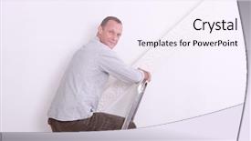  Presentation with step - Amazing presentation theme having man with step-ladder holding roll of wallpaper backdrop and a sky blue colored foreground