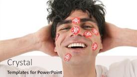  Presentation with percent - Audience pleasing presentation consisting of man with stickers of 30 percent discount in face backdrop and a coral colored foreground