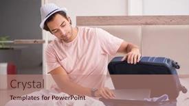  Presentation with waiting - Presentation theme having man-with-suitcase-in-bedroom background and a coral colored foreground