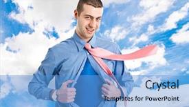  Presentation with superhero - Presentation design featuring man with superhero suit under his skirt background and a teal colored foreground