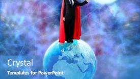  Presentation with world - Amazing presentation design having man-with-superpowers-ruling backdrop and a teal colored foreground