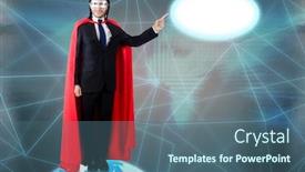  Presentation with world - Amazing PPT theme having man-with-superpowers-ruling backdrop and a ocean colored foreground