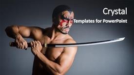  Presentation with sword - Beautiful PPT layouts featuring man with sword and face backdrop and a dark gray colored foreground