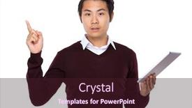  Presentation with finger point - Presentation theme having man with tablet and finger point up background and a wine colored foreground