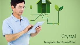  Presentation with green house - Amazing presentation design having digital composite of man with tablet and green house graphic against green background backdrop and a mint green colored foreground