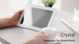  Presentation with man relaxing on massage table - Amazing PPT theme having man with tablet drinking coffe backdrop and a soft green colored foreground