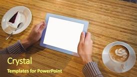  Presentation with cappuccino - Audience pleasing PPT theme consisting of man with tablet having cappuccino and cake at coffee shop backdrop and a tawny brown colored foreground