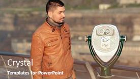  Presentation with new york - Colorful PPT theme enhanced with man with tourist binoculars at american side of niagara falls new york usa backdrop and a coral colored foreground