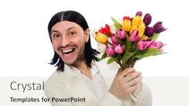  Presentation with tulip - Slide deck featuring man with tulip flowers isolated on white background and a soft green colored foreground