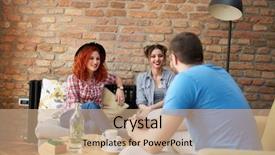  Presentation with german shepherd two young puppys - Colorful slide deck enhanced with man with two girls chat backdrop and a coral colored foreground