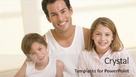  Presentation with young children - PPT theme having man with two young children sitting in bed smiling background and a soft green colored foreground