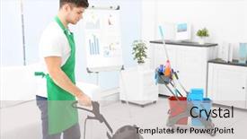  Presentation with cleaning - Colorful presentation design enhanced with man with vacuum cleaner cleaning backdrop and a light gray colored foreground