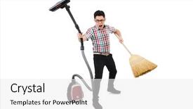  Presentation with vacuum cleaner robot - Slide set enhanced with man with vacuum cleaner and broom on white background and a white colored foreground
