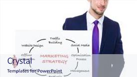  Presentation with marketing strategy - Cool new presentation design with man with white banner presenting marketing strategy concept backdrop and a sky blue colored foreground